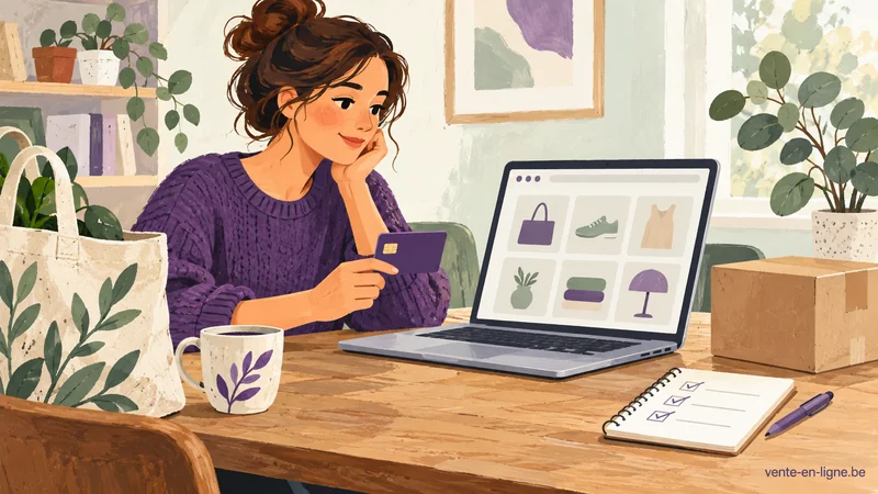 Illustration d’une personne préparant un achat sur ordinateur avec une liste.