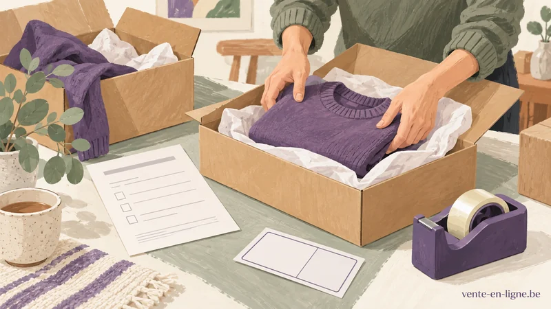 Illustration d’un vêtement replié dans un colis avec un formulaire de retour.
