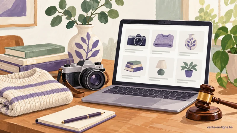 Illustration d’objets d’occasion, d’un ordinateur et d’un marteau de vente aux enchères.